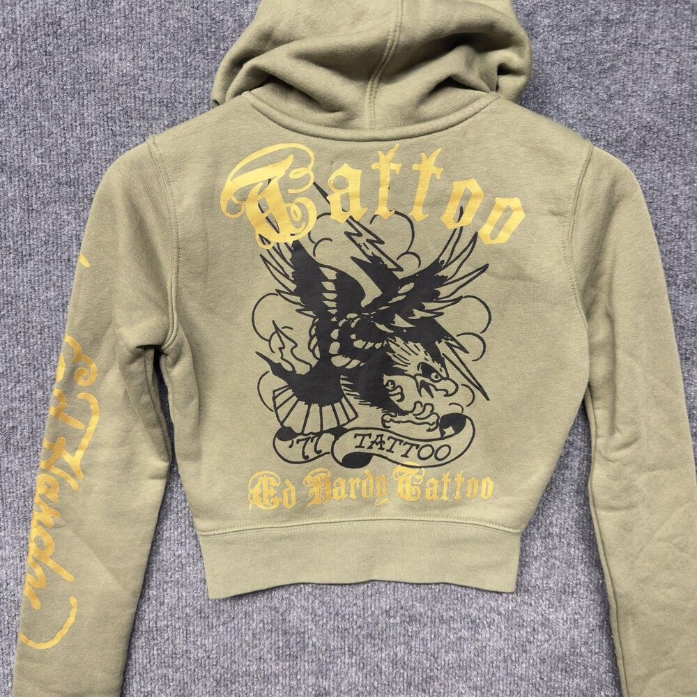 Ed Hardy Hoodie Womens XS Green Cropped Full Zip Tattoo Graphic Skull Eagle Y2K - Picture 9 of 12